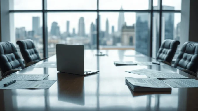 Empty meeting room at a UK financial regulator with consultation documents on the table and the City skyline behind