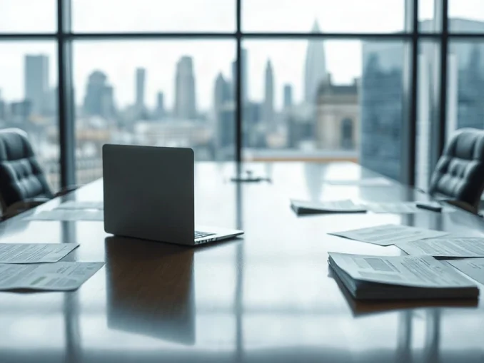 Empty meeting room at a UK financial regulator with consultation documents on the table and the City skyline behind