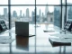 Empty meeting room at a UK financial regulator with consultation documents on the table and the City skyline behind