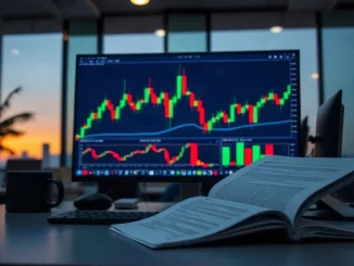 Trading desk with abstract chart monitor and closed filing document beside a keyboard