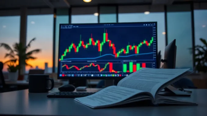 Trading desk with abstract chart monitor and closed filing document beside a keyboard