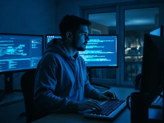 Cybersecurity researcher working at multiple monitors in a dark room, code visible on screens