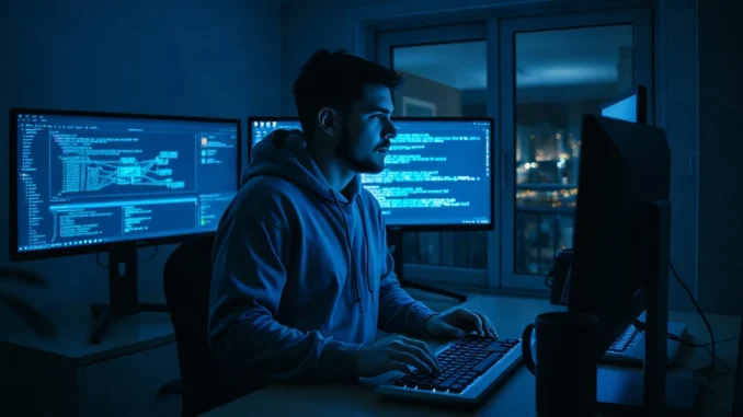Cybersecurity researcher working at multiple monitors in a dark room, code visible on screens