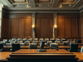 Empty congressional committee dais with a gavel and microphone in a hearing room