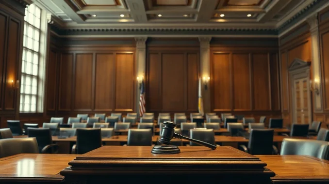 Empty congressional committee dais with a gavel and microphone in a hearing room