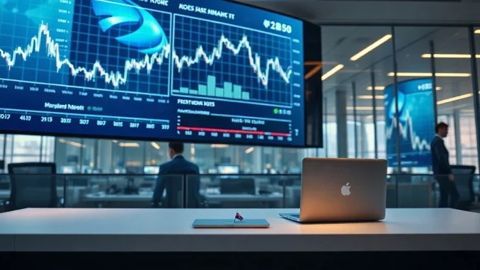 Seoul financial trading floor with blockchain data display, representing tokenized Korean equities push