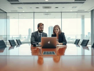 Business professionals in a boardroom discussing a potential acquisition deal