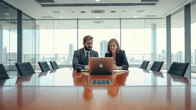 Business professionals in a boardroom discussing a potential acquisition deal