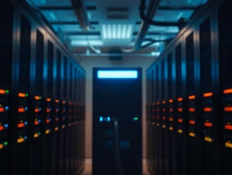 Server room with a single illuminated rack unit in cool blue light, representing blockchain transaction monitoring