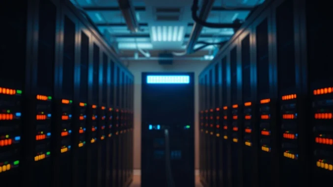 Server room with a single illuminated rack unit in cool blue light, representing blockchain transaction monitoring