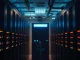 Server room with a single illuminated rack unit in cool blue light, representing blockchain transaction monitoring
