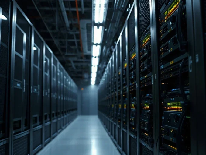 Row of illuminated server racks inside a large AI data center representing Nvidia's GPU computing systems