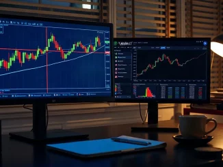 Candlestick chart on a trader's monitor showing a sharp upward breakout at night