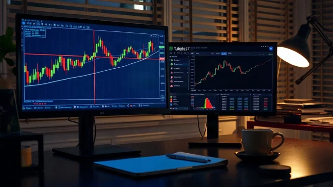 Candlestick chart on a trader's monitor showing a sharp upward breakout at night