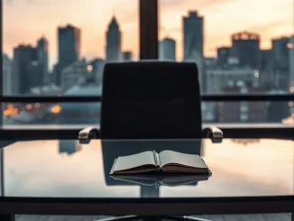 Empty conference room with city skyline at dusk, representing OpenAI's deferred IPO decision