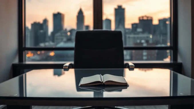 Empty conference room with city skyline at dusk, representing OpenAI's deferred IPO decision