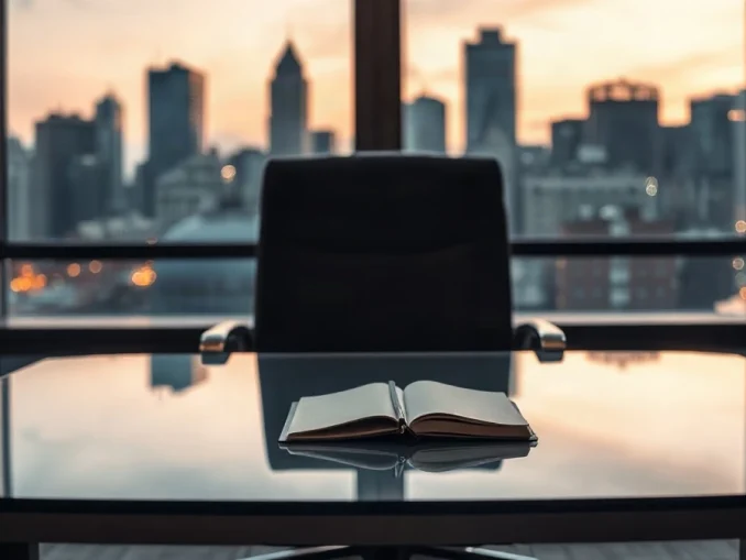 Empty conference room with city skyline at dusk, representing OpenAI's deferred IPO decision