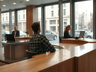 Bank customer meeting a Raiffeisen advisor at a branch desk in natural morning light