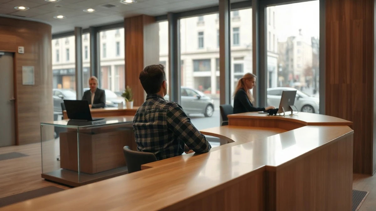 Bank customer meeting a Raiffeisen advisor at a branch desk in natural morning light