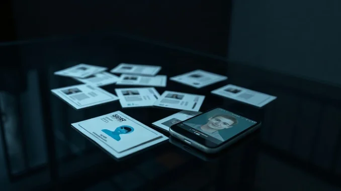 A dark desk with scattered identity documents and a smartphone showing a facial recognition interface, illustrating a data breach.