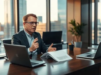 Michael Saylor seated at a desk speaking into a microphone in a modern office