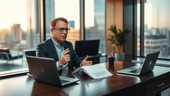 Michael Saylor seated at a desk speaking into a microphone in a modern office