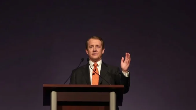Michael Saylor speaking at a podium after the Senate blocked the CLARITY Act