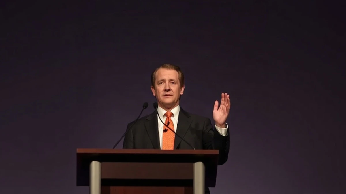 Michael Saylor speaking at a podium after the Senate blocked the CLARITY Act