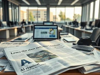 Newspapers and a laptop on a newsroom desk representing the Seattle Times and Newsday copyright lawsuit against OpenAI and Microsoft.