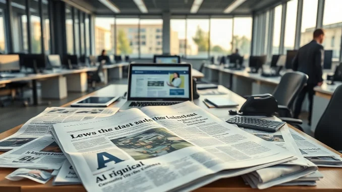 Newspapers and a laptop on a newsroom desk representing the Seattle Times and Newsday copyright lawsuit against OpenAI and Microsoft.