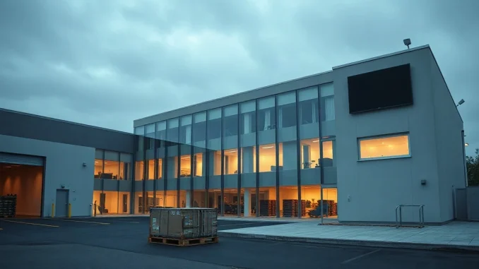 Exterior of a French semiconductor company campus at dusk after winding down its bitcoin treasury