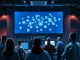 Security team monitors a network graph of employees and AI agents in a modern operations center.