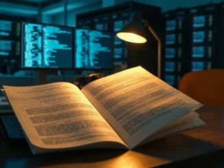 A printed cryptography research paper and laptop on a desk in a dimly lit office at night.