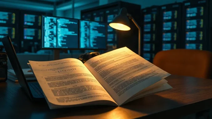 A printed cryptography research paper and laptop on a desk in a dimly lit office at night.