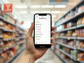 Person holding a smartphone with a shopping list app inside a grocery store aisle