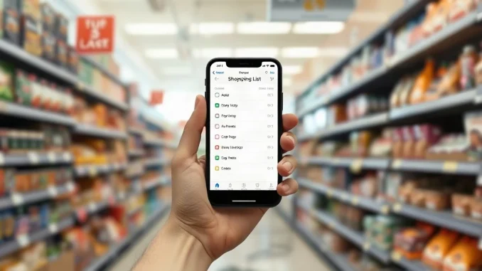 Person holding a smartphone with a shopping list app inside a grocery store aisle