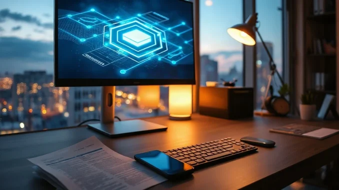 Analyst desk with a monitor showing an abstract blockchain network diagram and a printed research note