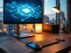 Analyst desk with a monitor showing an abstract blockchain network diagram and a printed research note