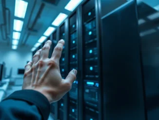 Human hand reaching toward a server rack in a high-tech AI lab, symbolizing control of superintelligence.
