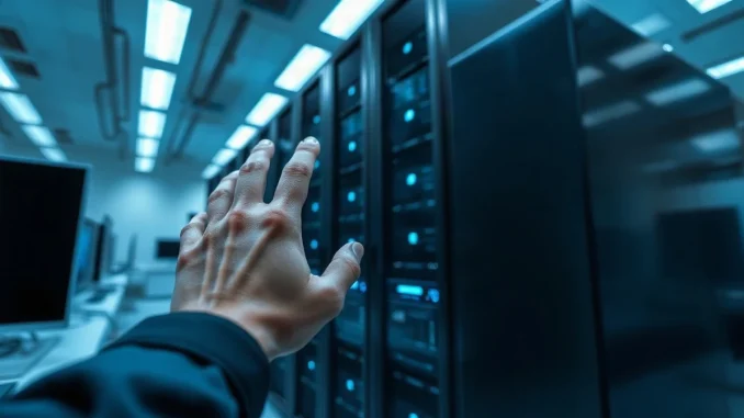 Human hand reaching toward a server rack in a high-tech AI lab, symbolizing control of superintelligence.