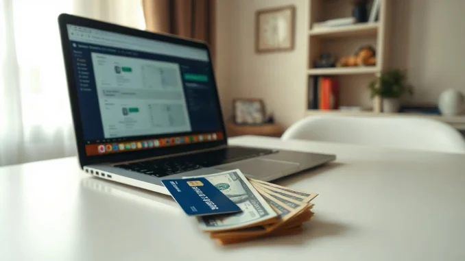Dollar bills and a bank card on a desk beside a laptop showing an international money transfer screen
