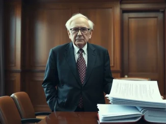 Warren Buffett in a boardroom with shareholder letters on the table