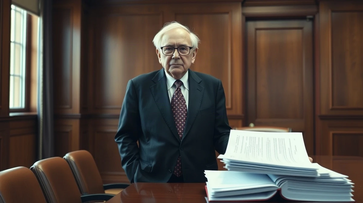 Warren Buffett in a boardroom with shareholder letters on the table