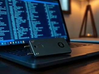 Hardware crypto wallet beside a laptop displaying Bitcoin blockchain transactions