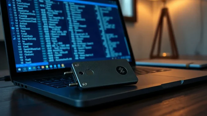 Hardware crypto wallet beside a laptop displaying Bitcoin blockchain transactions
