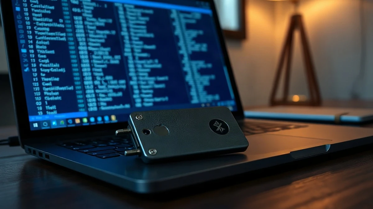 Hardware crypto wallet beside a laptop displaying Bitcoin blockchain transactions
