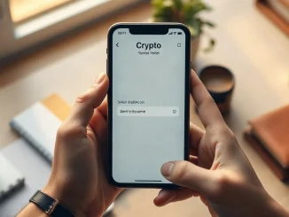 Hands holding a smartphone showing a self-custodial crypto wallet with a stablecoin balance