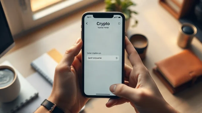 Hands holding a smartphone showing a self-custodial crypto wallet with a stablecoin balance