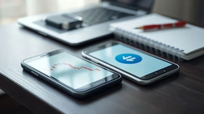 Two phones showing a falling POL price chart and a crypto withdrawal balance on a desk