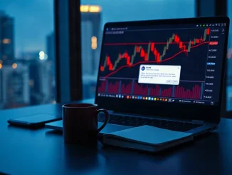 Trading desk at night with a laptop showing a red cryptocurrency price chart and a transfer alert
